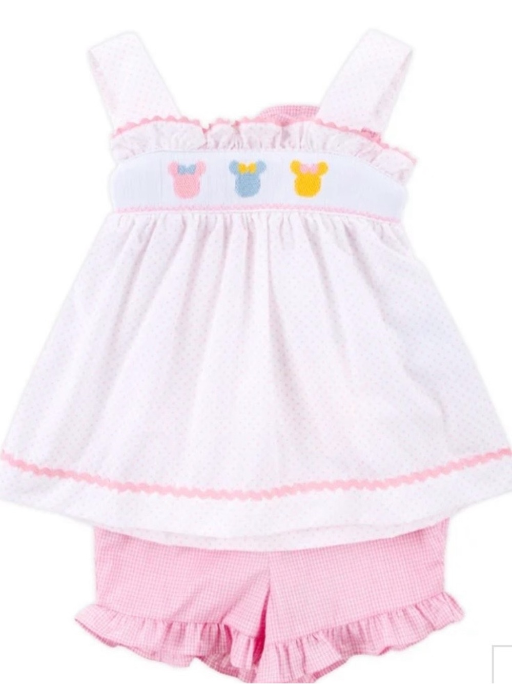 Classic Whimsy Minnie Mouse Smocked Pink White Outfit Disney 2T Ruffles Set